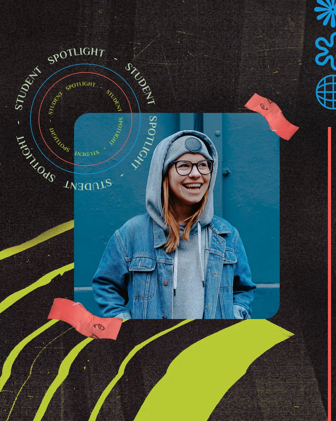 Student spotlight church media template with distressed textures, circular design elements, and a smiling young woman in glasses and hoodie against blue background