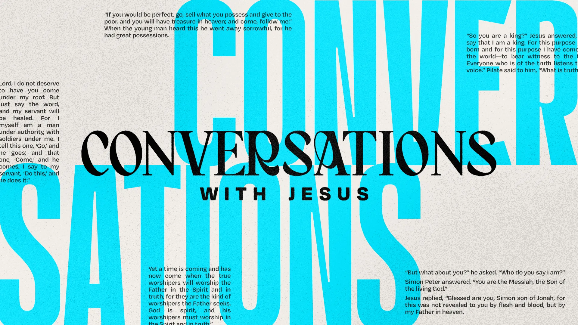 Teal and black typographic design for "Conversations with Jesus" sermon series featuring biblical quotes