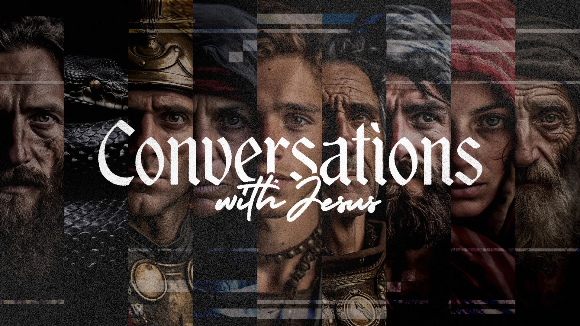 Graphic for "Conversations with Jesus" series featuring a collage of diverse faces with white text overlay
