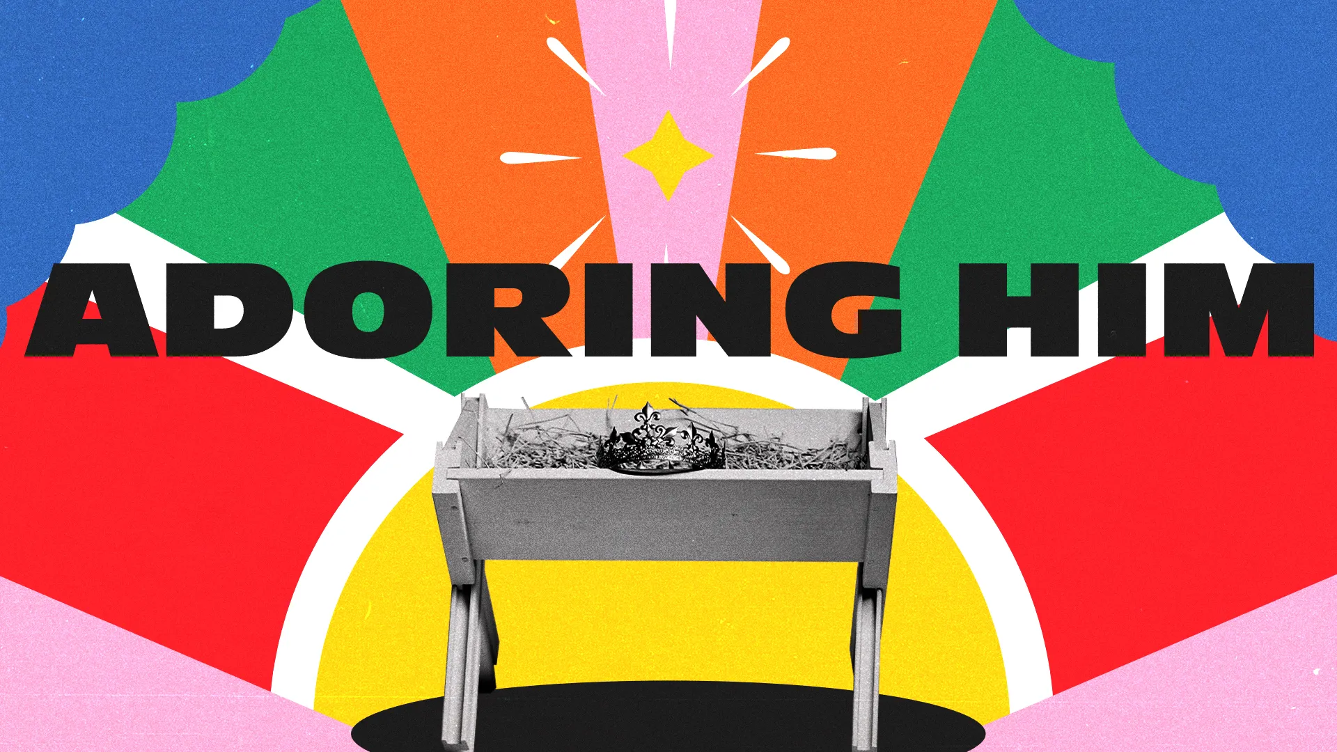 Bold church media graphic with "ADORING HIM" text over colorful geometric background featuring a stylized manger silhouette.