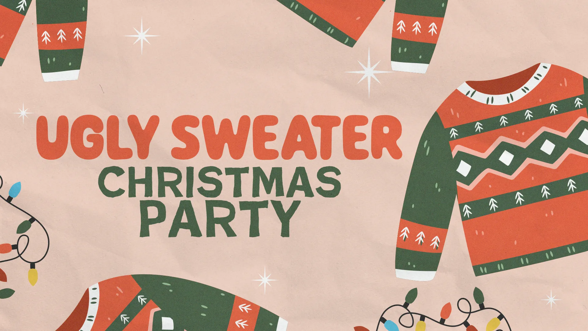 Ugly sweater designs and colorful lights promote a festive Christmas party for community and fellowship.