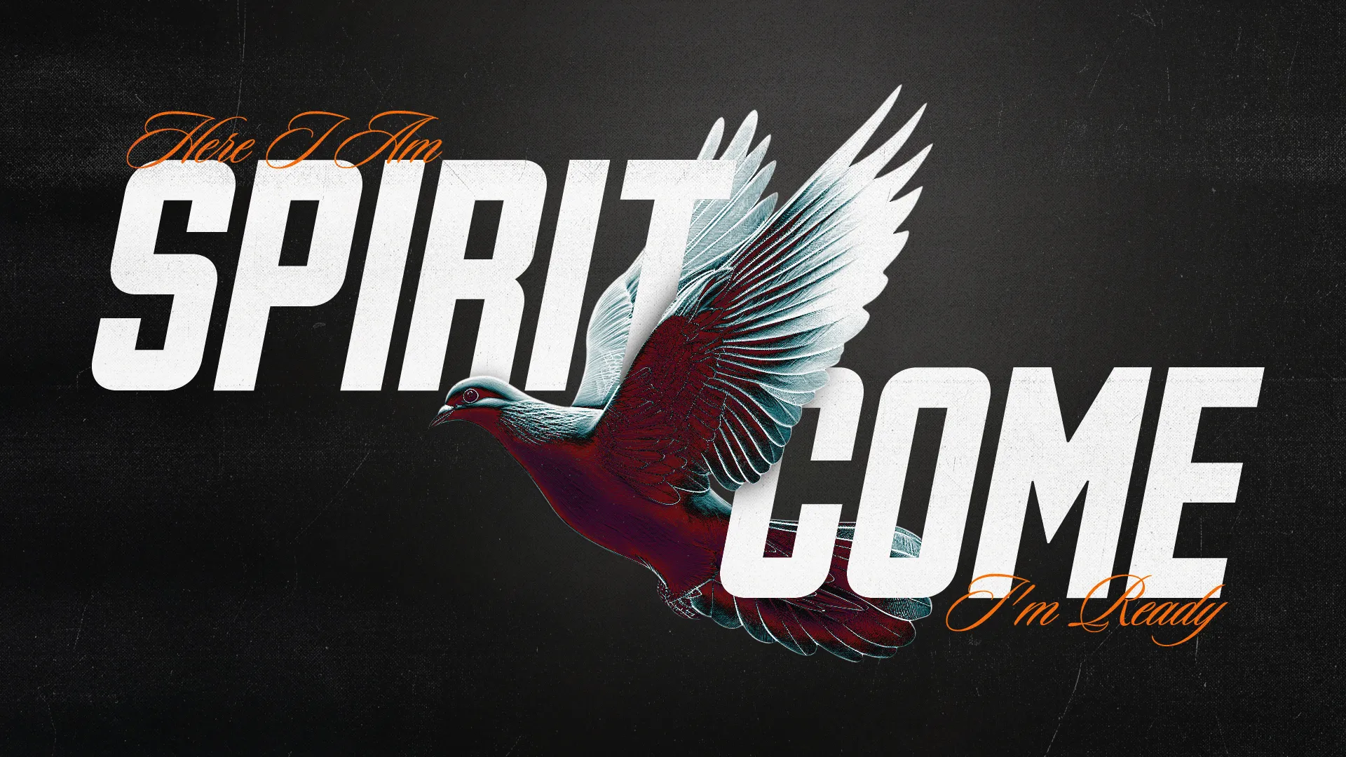 Grunge-style church media graphic with "Spirit Come" in large white text and a flying dove emerging from the letters against a dark background