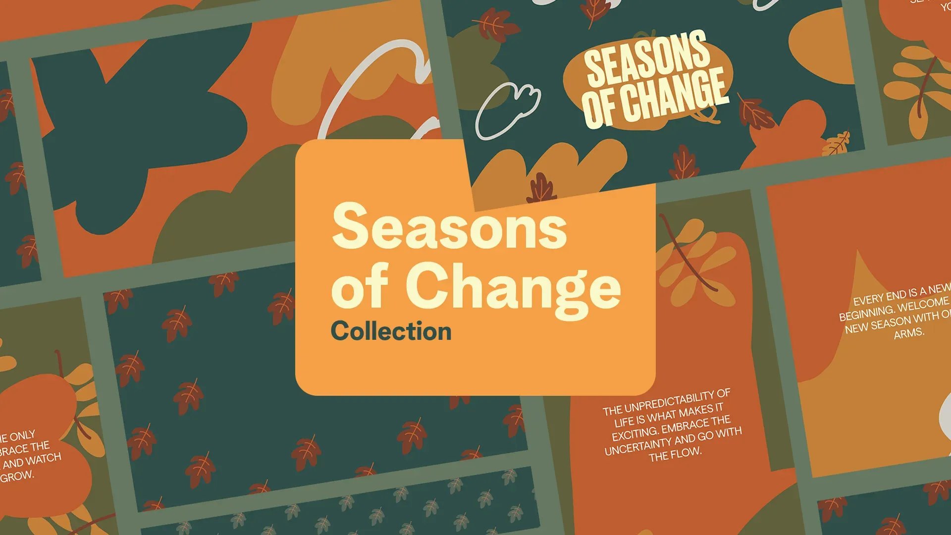 Collection of minimalist church media designs for "Seasons of Change" featuring autumn-themed graphics, inspirational quotes, and leaf motifs in warm earth tones