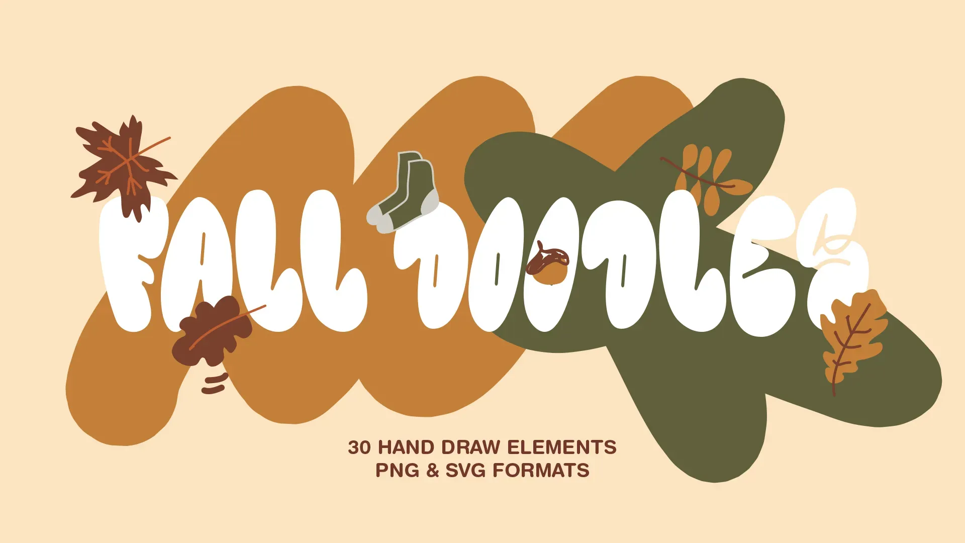 Church media design pack titled "Fall Doodles" featuring 30 hand-drawn autumn elements including leaves, acorns, and socks in warm fall colors