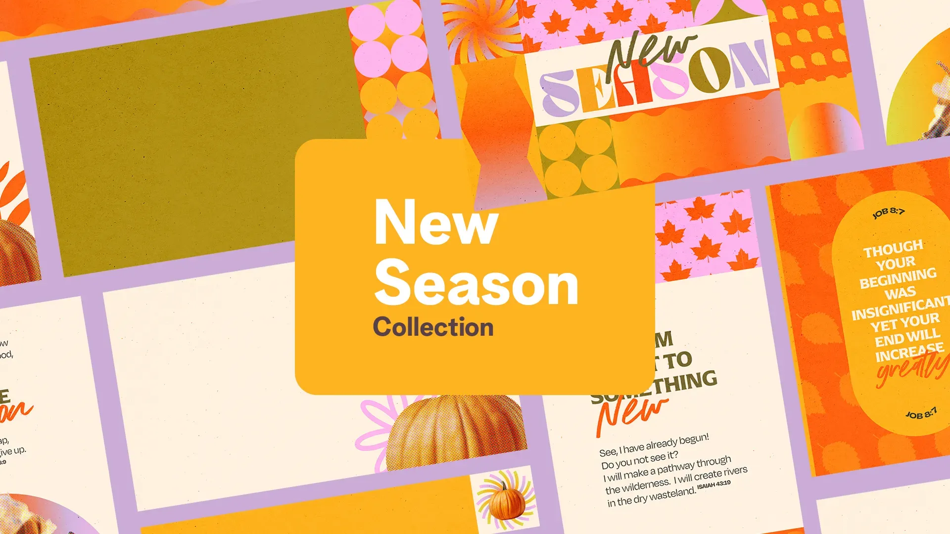 Collage of colorful church media designs for "New Season Collection" featuring autumn elements, scripture quotes, and geometric patterns