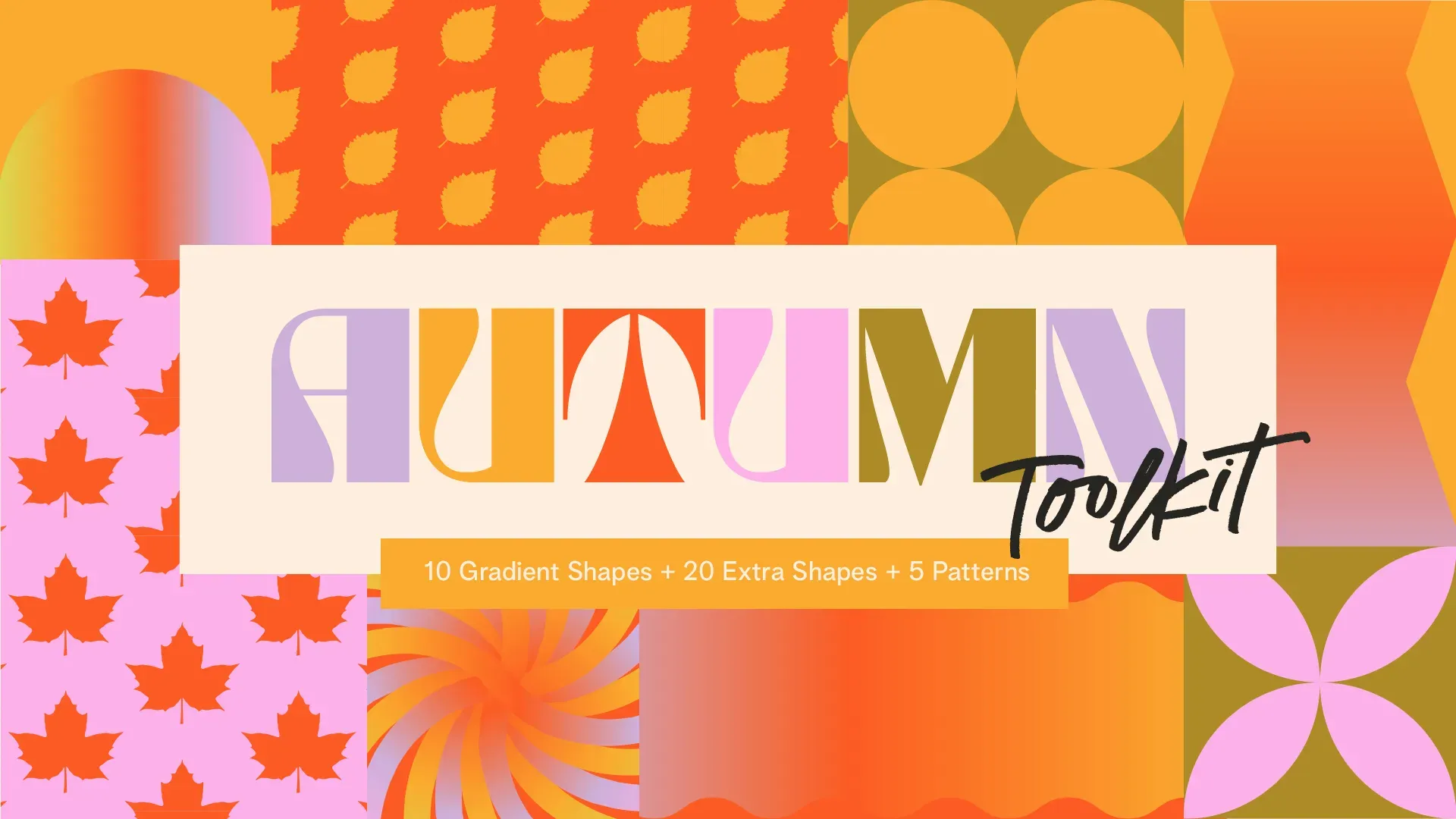 Colorful church media design toolkit for autumn featuring geometric shapes, leaf patterns, and gradient elements in warm fall colors