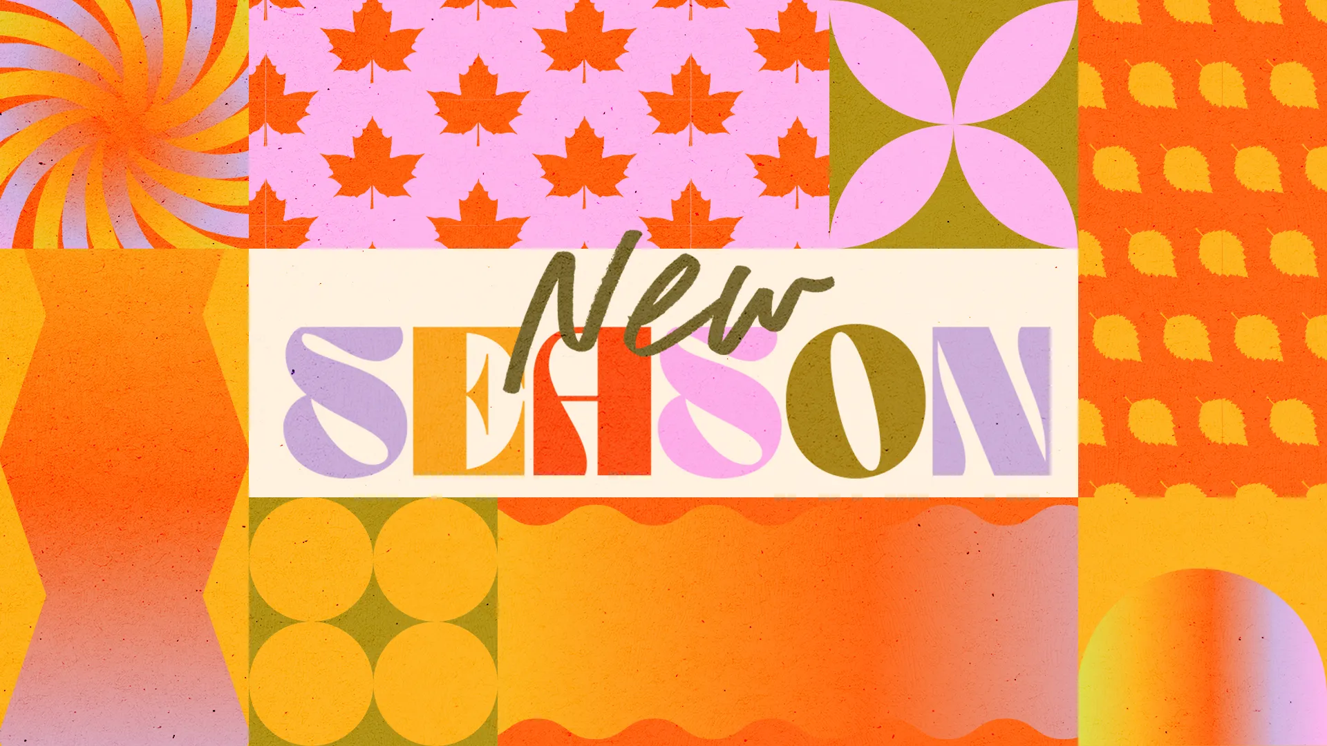 Colorful retro-style church media graphic for "New Season" with autumn leaf patterns and geometric shapes