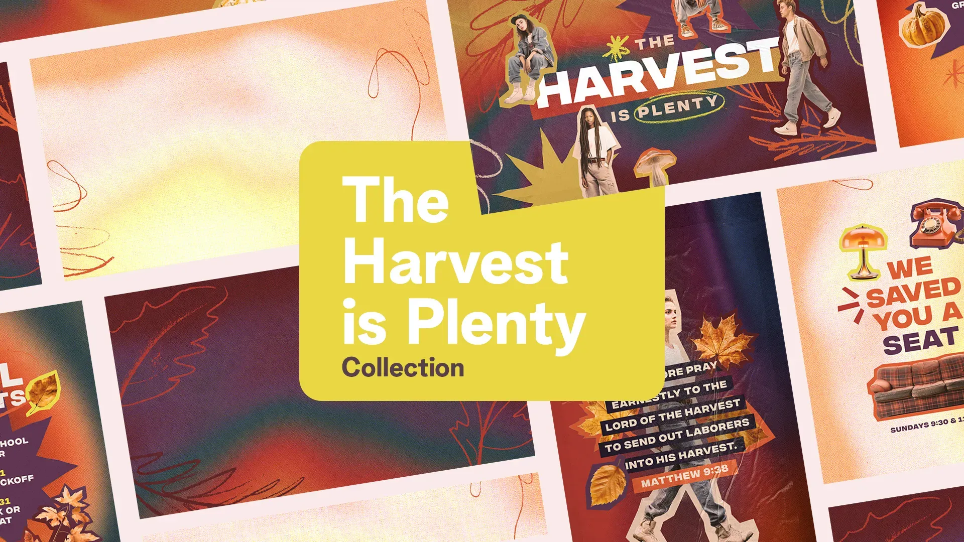 Collage of church media designs for "The Harvest is Plenty" collection featuring diverse youth imagery, fall elements, and scripture references