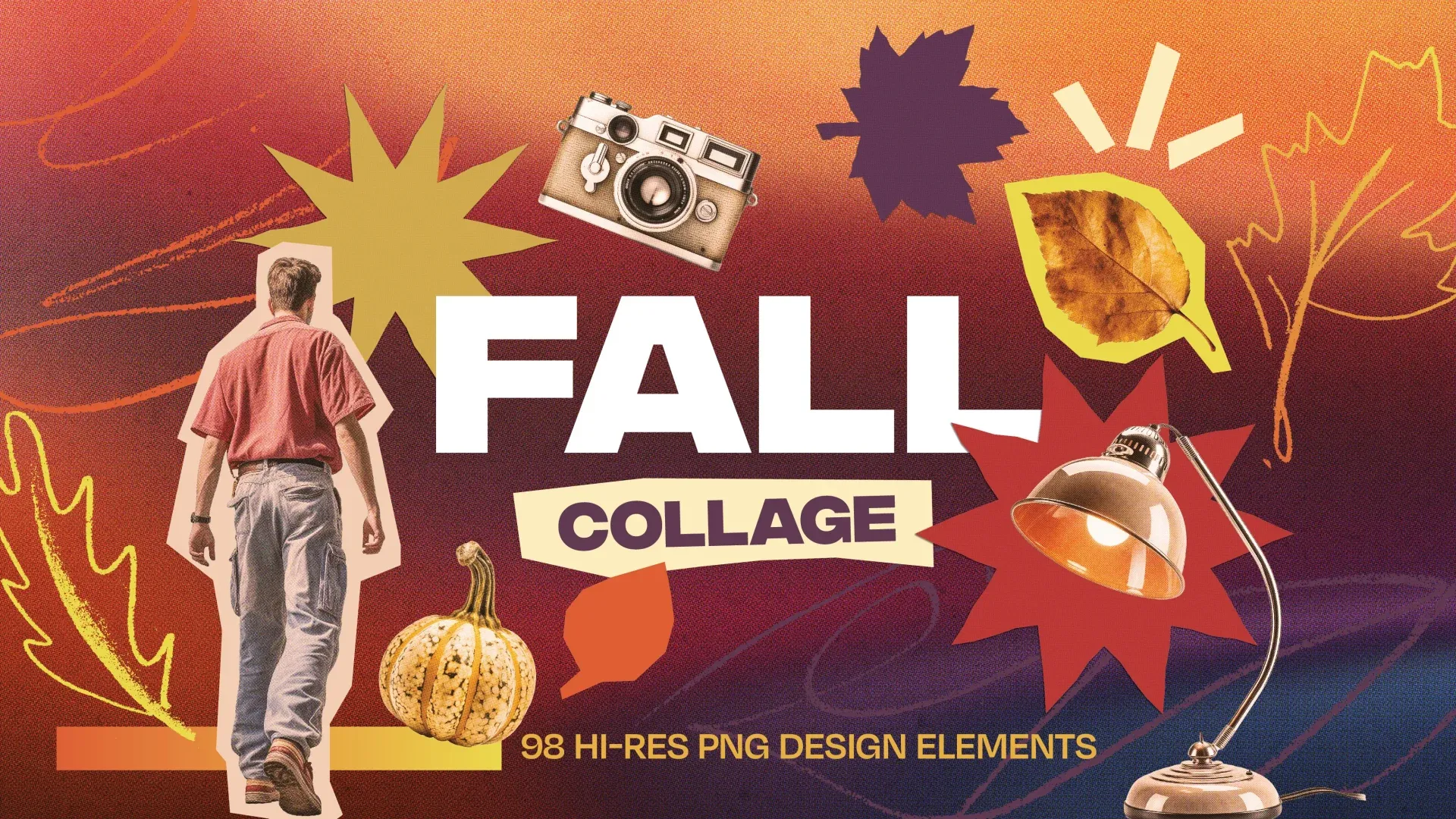 Colorful fall-themed collage graphic featuring vintage camera, pumpkin, autumn leaves, and retro-styled man for church media design