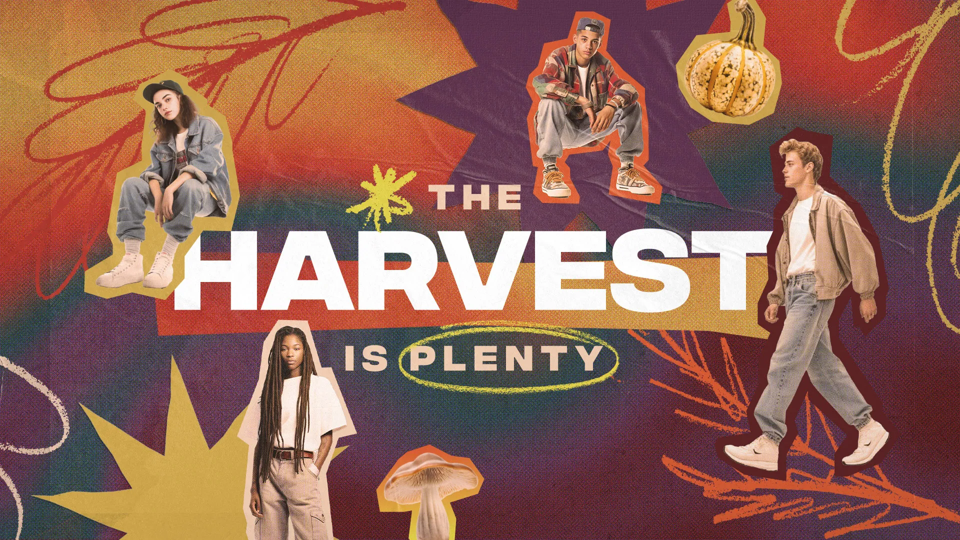 Colorful church media graphic for "The Harvest is Plenty" featuring diverse young people and autumn elements on a vibrant background