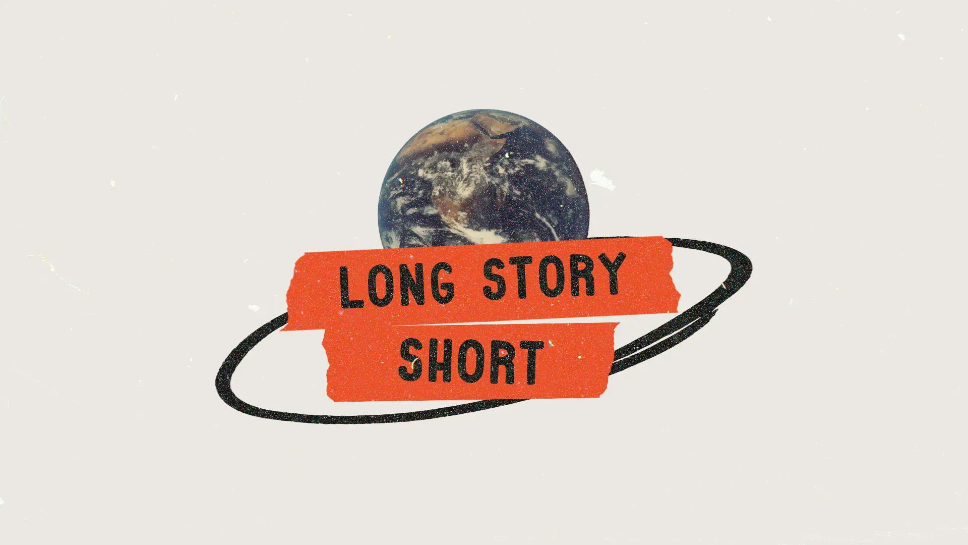 Minimalist church media graphic with "Long Story Short" text on orange labels orbiting an image of Earth against a white background