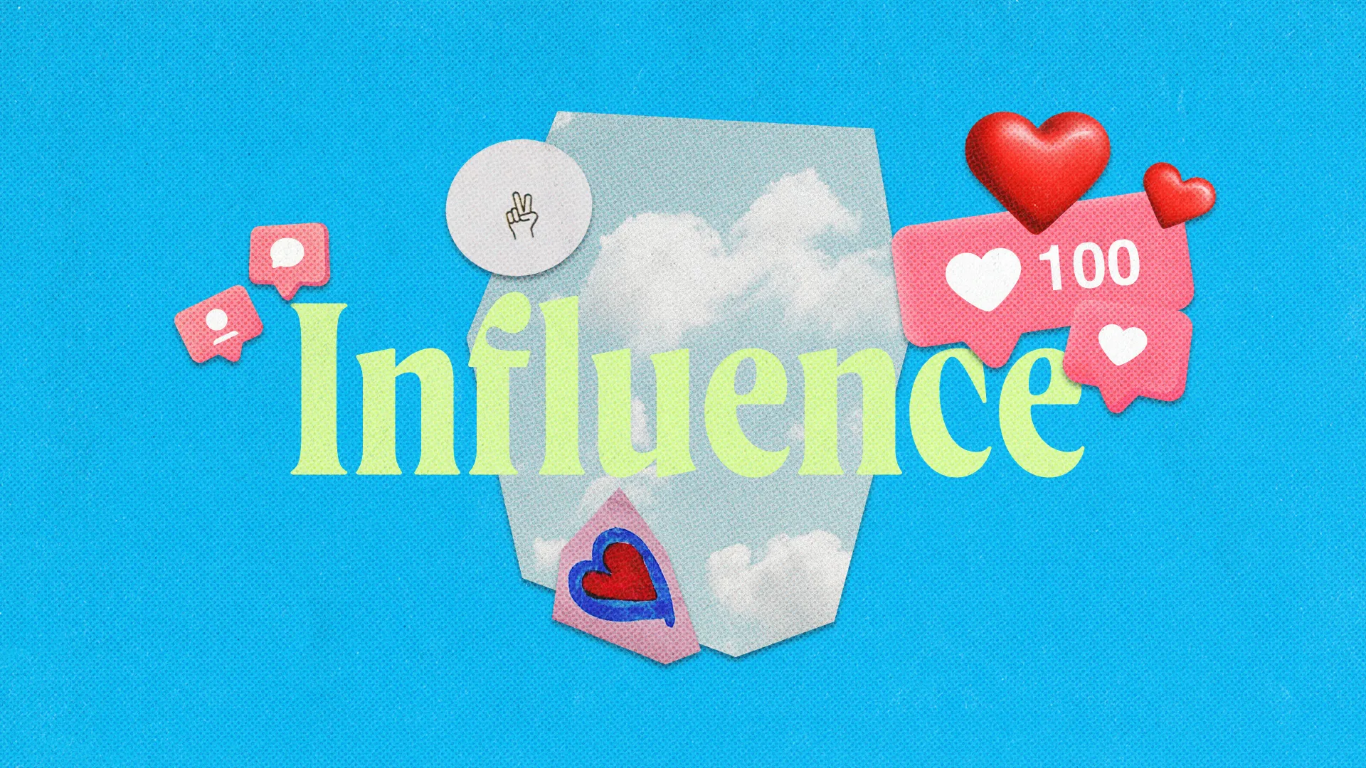 Modern church media graphic with "Influence" in green text surrounded by social media-inspired icons like hearts, comment bubbles, and clouds on a bright blue background