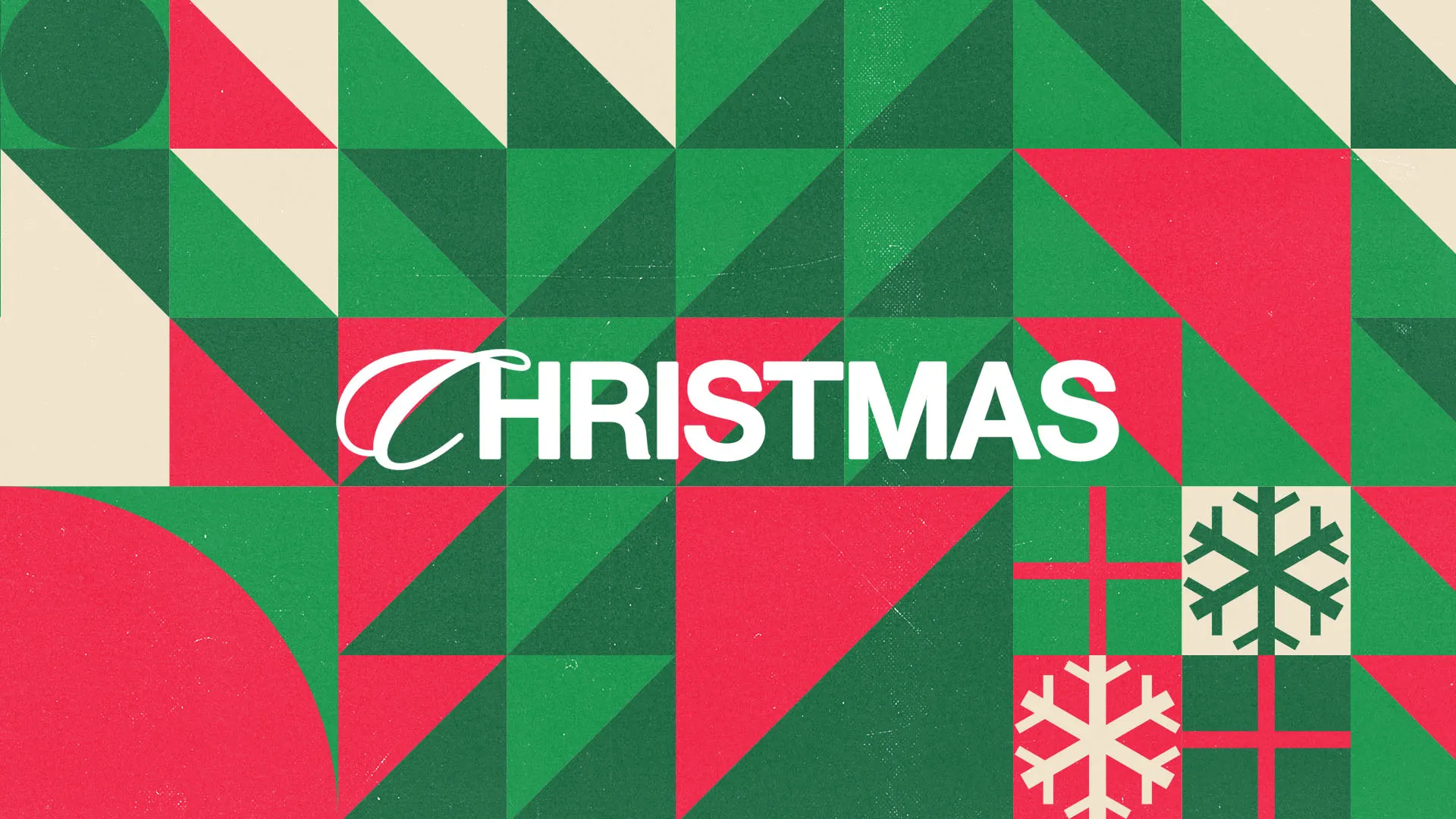 Retro-modern church media graphic for "Christmas" with white text on a geometric background of green, red, and cream shapes including snowflakes and gift boxes