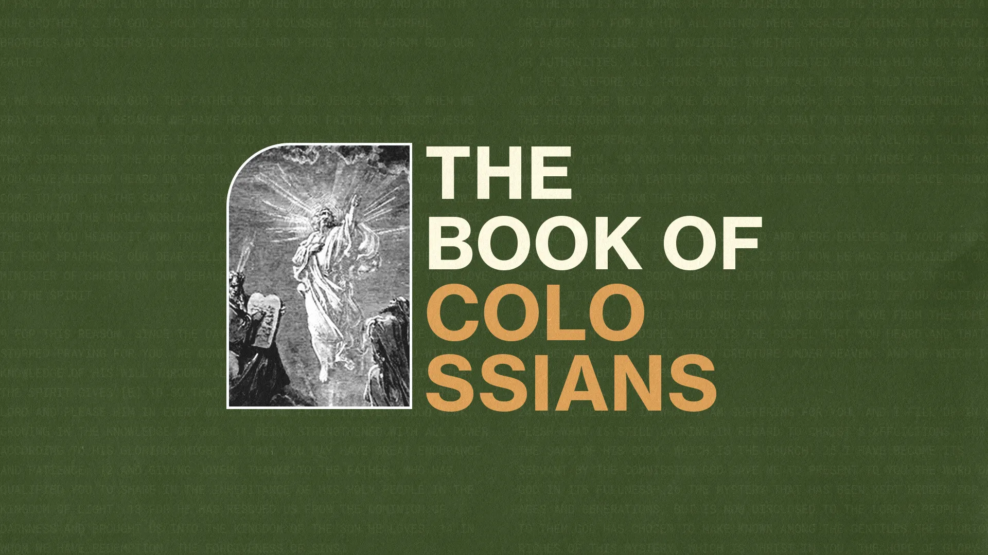 Church media graphic for "The Book of Colossians" featuring vintage illustration of Jesus with modern typography on a green background