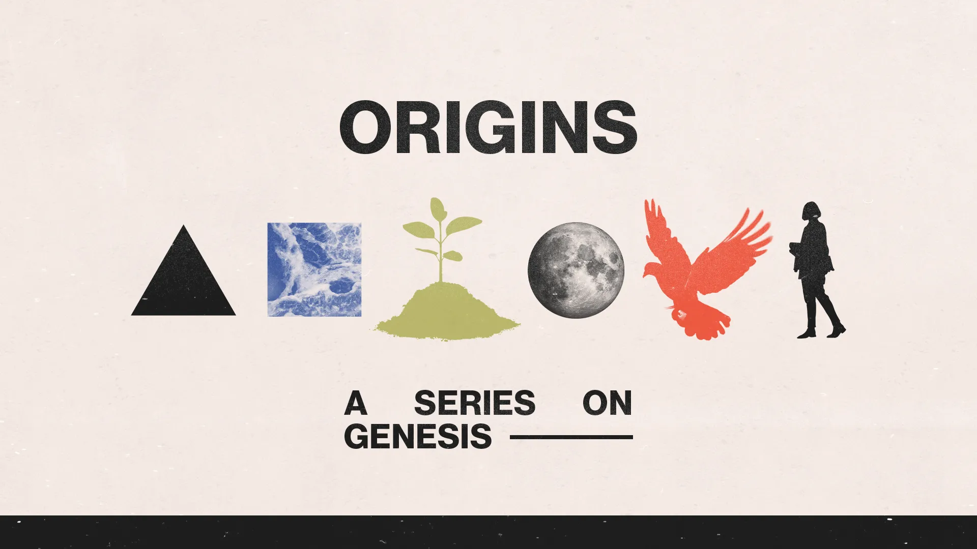 Minimalist church media graphic for "Origins" Genesis series featuring six icons representing creation themes, including a triangle, water, plant, moon, bird, and human figure