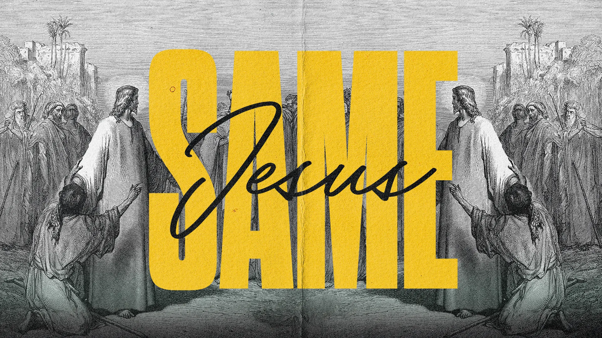Jesus interacts with a kneeling figure, surrounded by a community, emphasizing faith and divine connection.