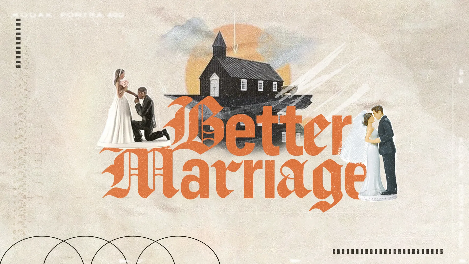 "Better Marriage" theme with a church silhouette, wedding couples, symbolizing faith and community in relationships.