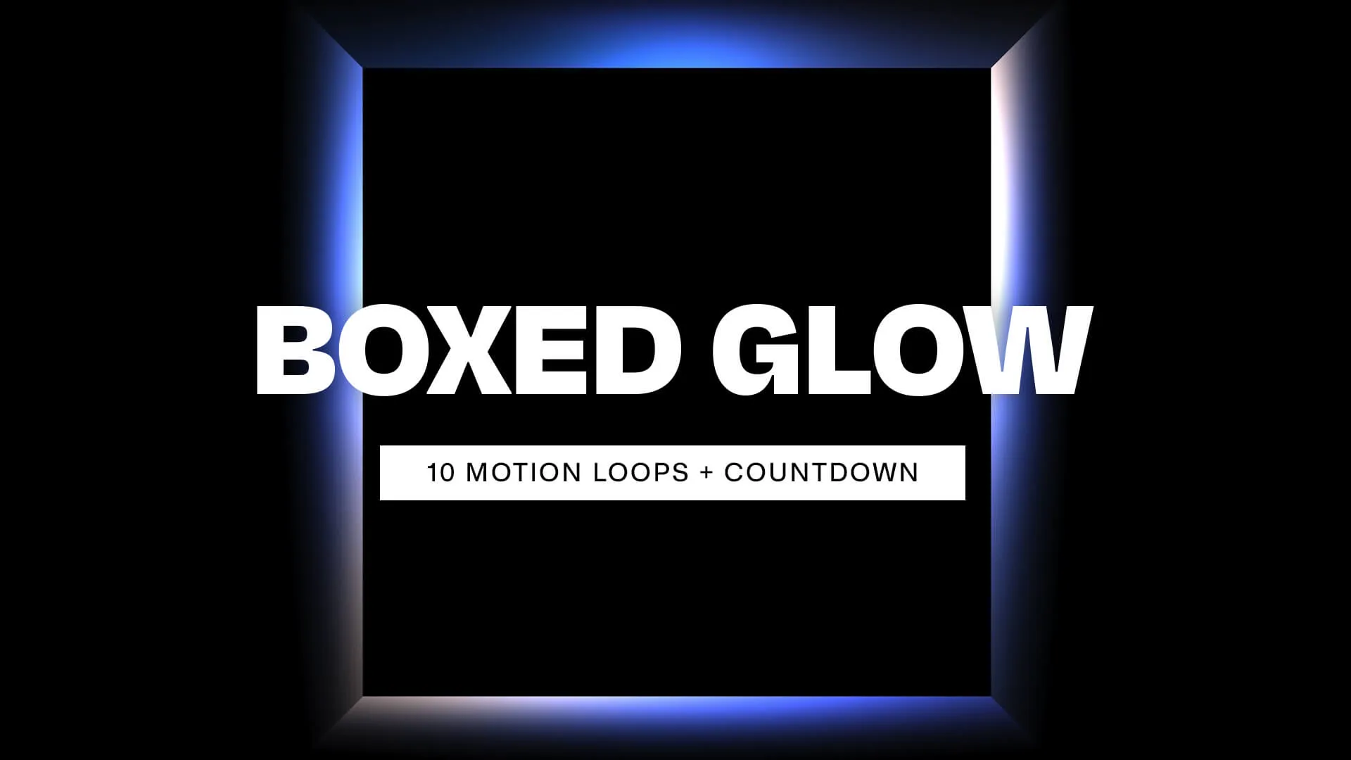 Black background with glowing blue frame and white text "Boxed Glow 10 Motion Loops + Countdown" for church media presentations