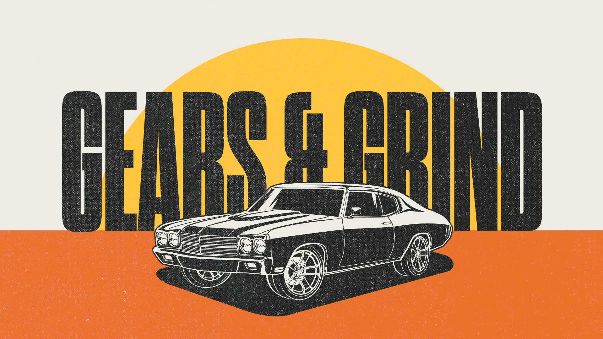 Retro-style church media graphic featuring "Gears & Grind" text with classic muscle car illustration on yellow and orange background