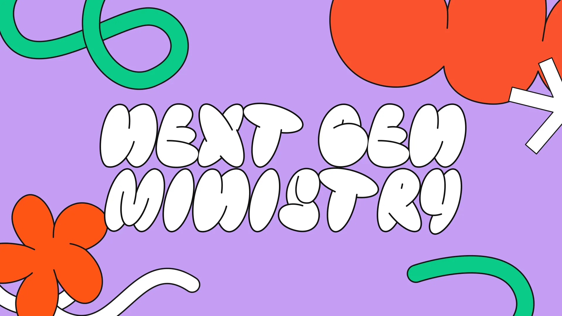 Colorful experimental design with "Next Gen Ministry" in bubble letters, surrounded by playful shapes in purple, green, and orange.