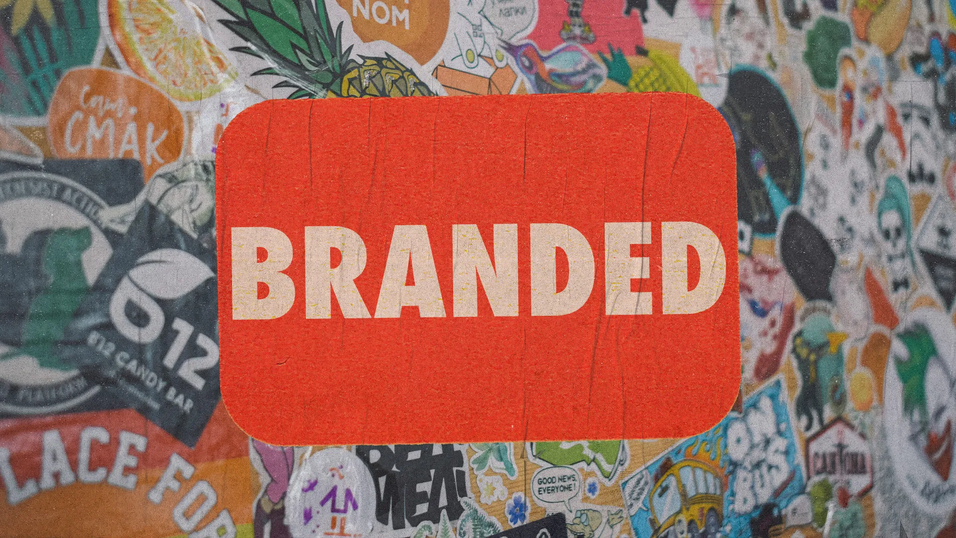 The "Branded" church media template stands out with its vibrant, eclectic background filled with various stickers and logos, symbolizing identity and belonging. The bold typography in the center makes a strong statement, perfect for youth events and discussions on personal and spiritual identity.