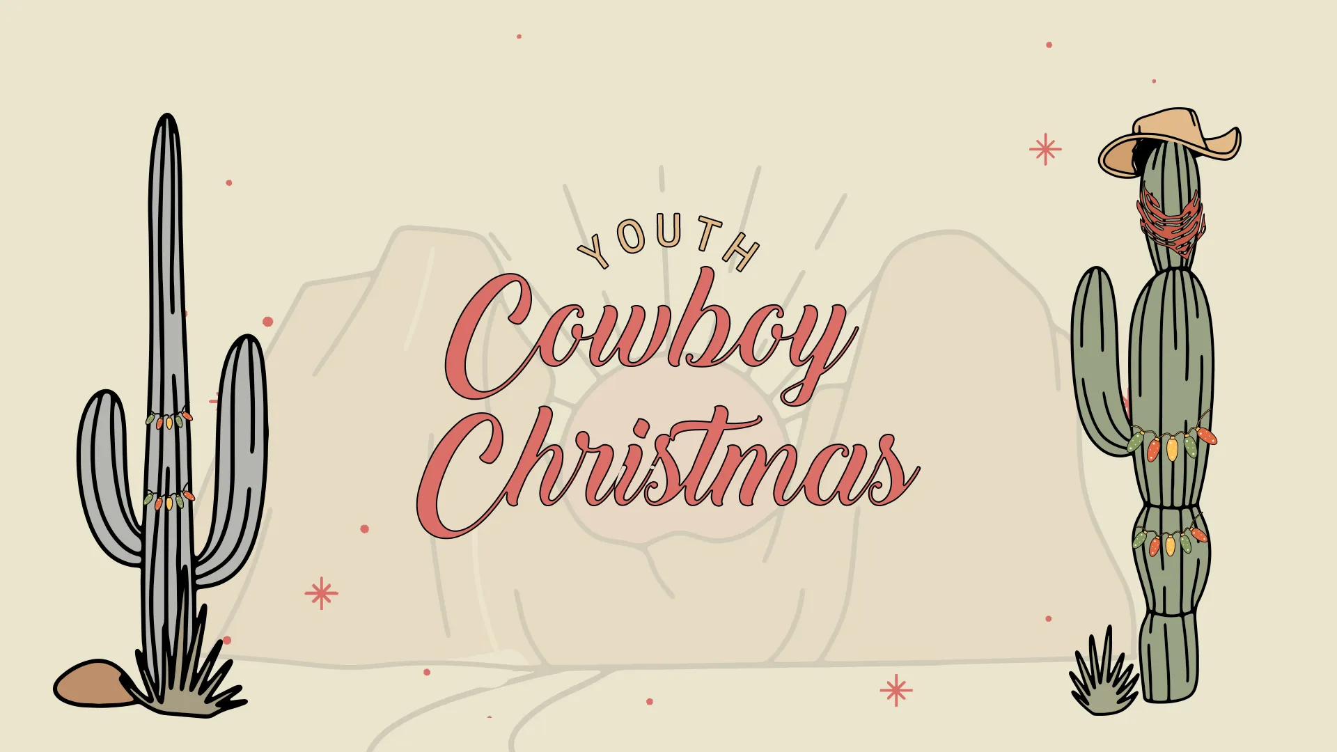 This whimsical "Youth Cowboy Christmas" event graphic is perfect for promoting a festive and fun holiday event for your church's youth group. The playful design featuring cacti and western elements will capture the attention and excitement of young attendees.