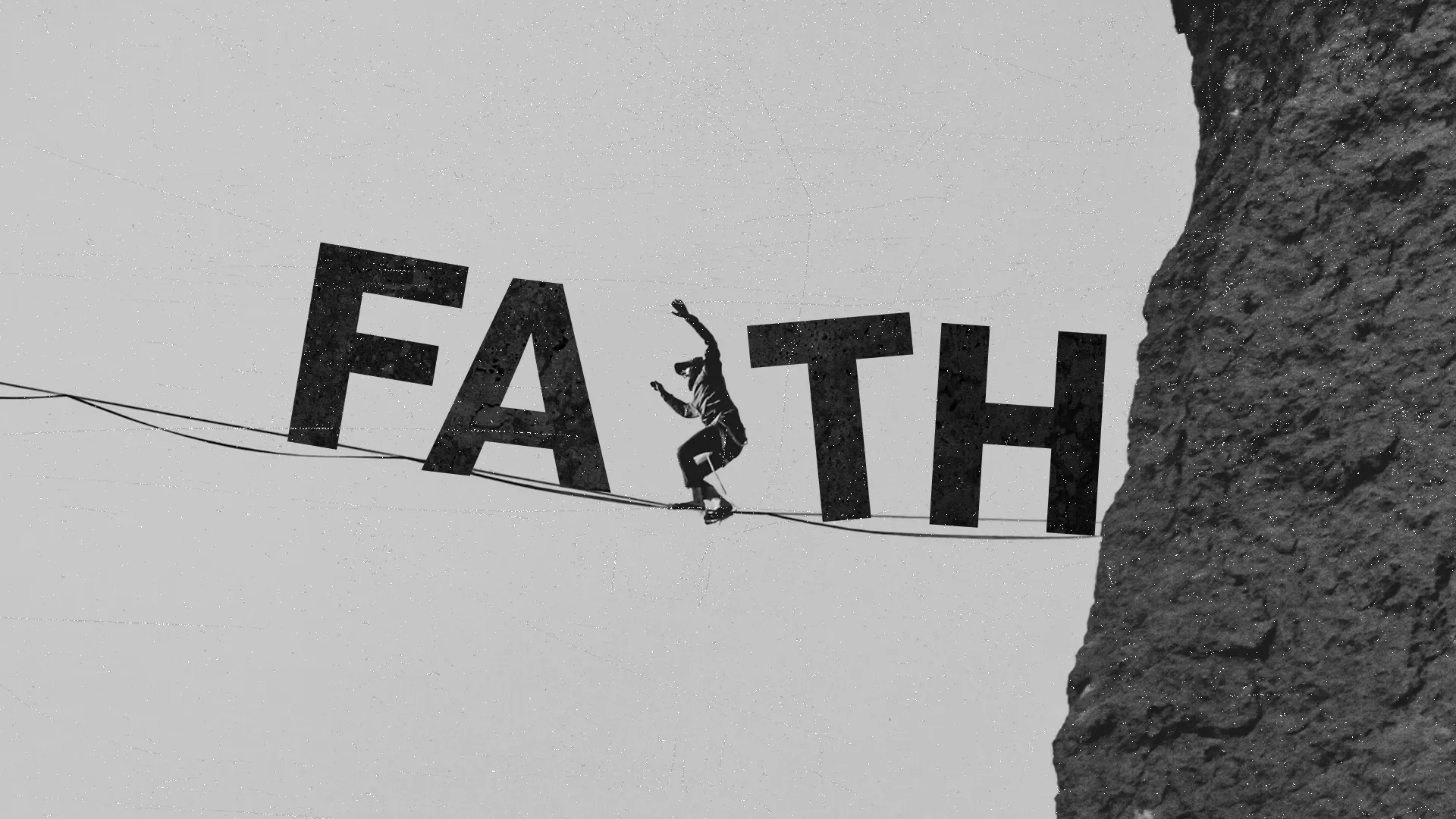 The "Faith" church media template utilizes a striking black-and-white design to symbolize the balance and trust required in faith. The image of a person walking a tightrope across the word "FAITH" visually conveys the concept of stepping out in trust and reliance on God.