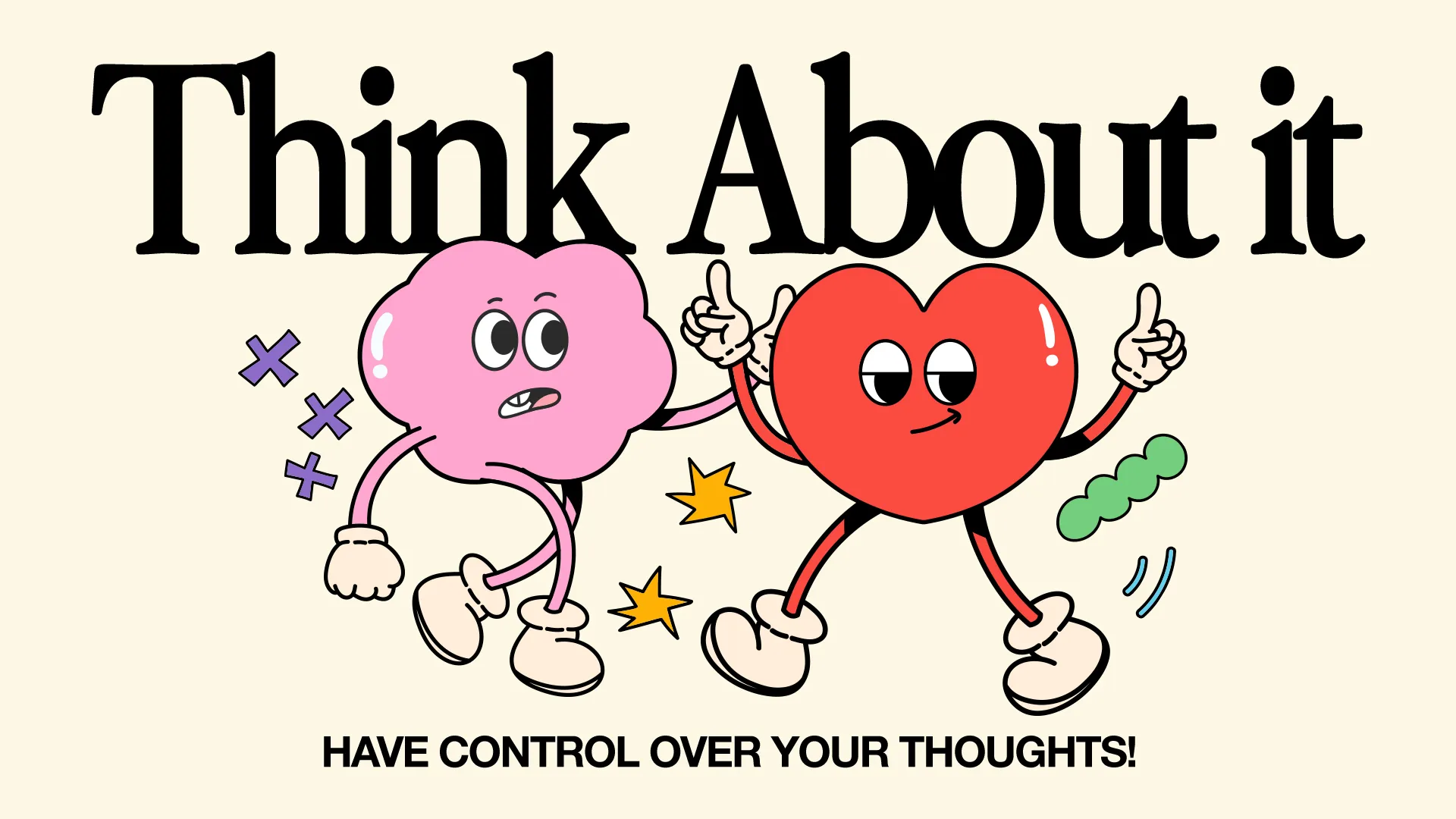 The "Think About It" church media template uses a playful and engaging design to address the importance of controlling one's thoughts. The cartoonish illustrations and bright colors create an inviting and approachable atmosphere, ideal for youth and educational programs.