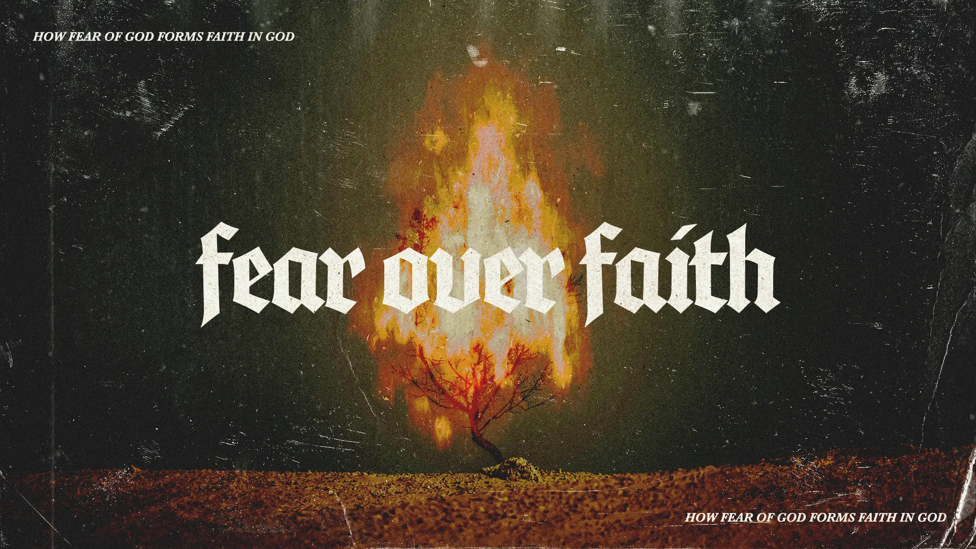 The "Fear Over Faith" church media template uses a dramatic and intense design to explore the concept of fear and its role in strengthening faith in God. The dark, grunge style and fiery imagery create a powerful visual impact, ideal for sermon series addressing deep spiritual topics.