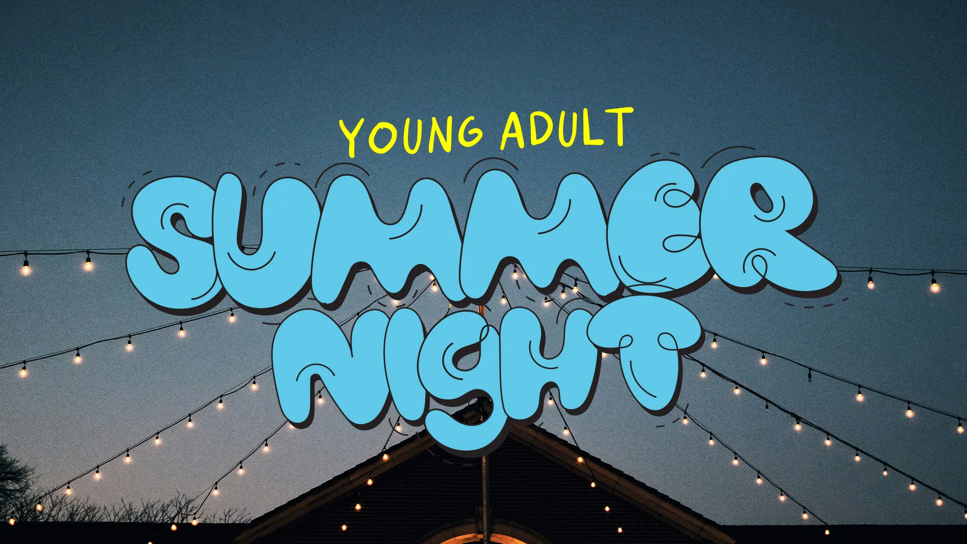 Young adults gather under string lights for a summer night of fellowship and worship at the church.