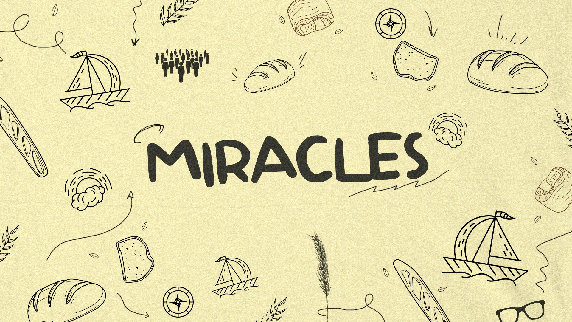 The "Miracles" church media template features a clean and whimsical design that highlights the wonder and significance of biblical miracles. The simple illustrations and light background create an inviting and uplifting atmosphere for teaching and reflection.