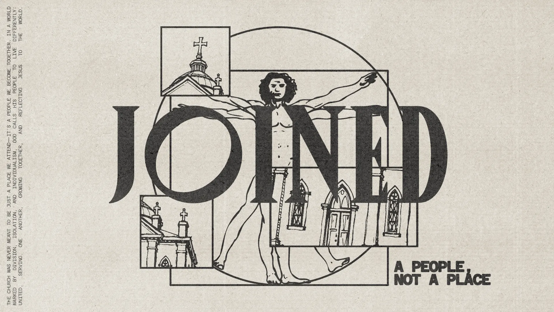Joined: a representation of community, faith, and service, blending church imagery with a biblical theme of unity.