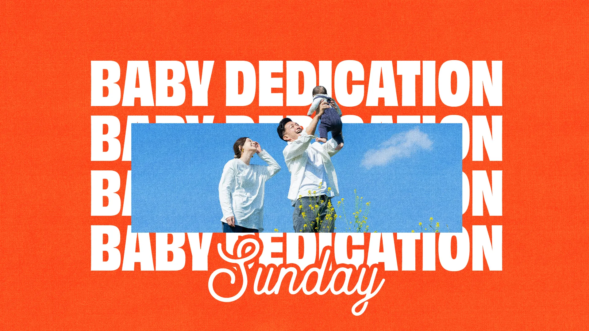 Joyful parents celebrate their child's baby dedication under a bright sky, embodying community and faith in worship.