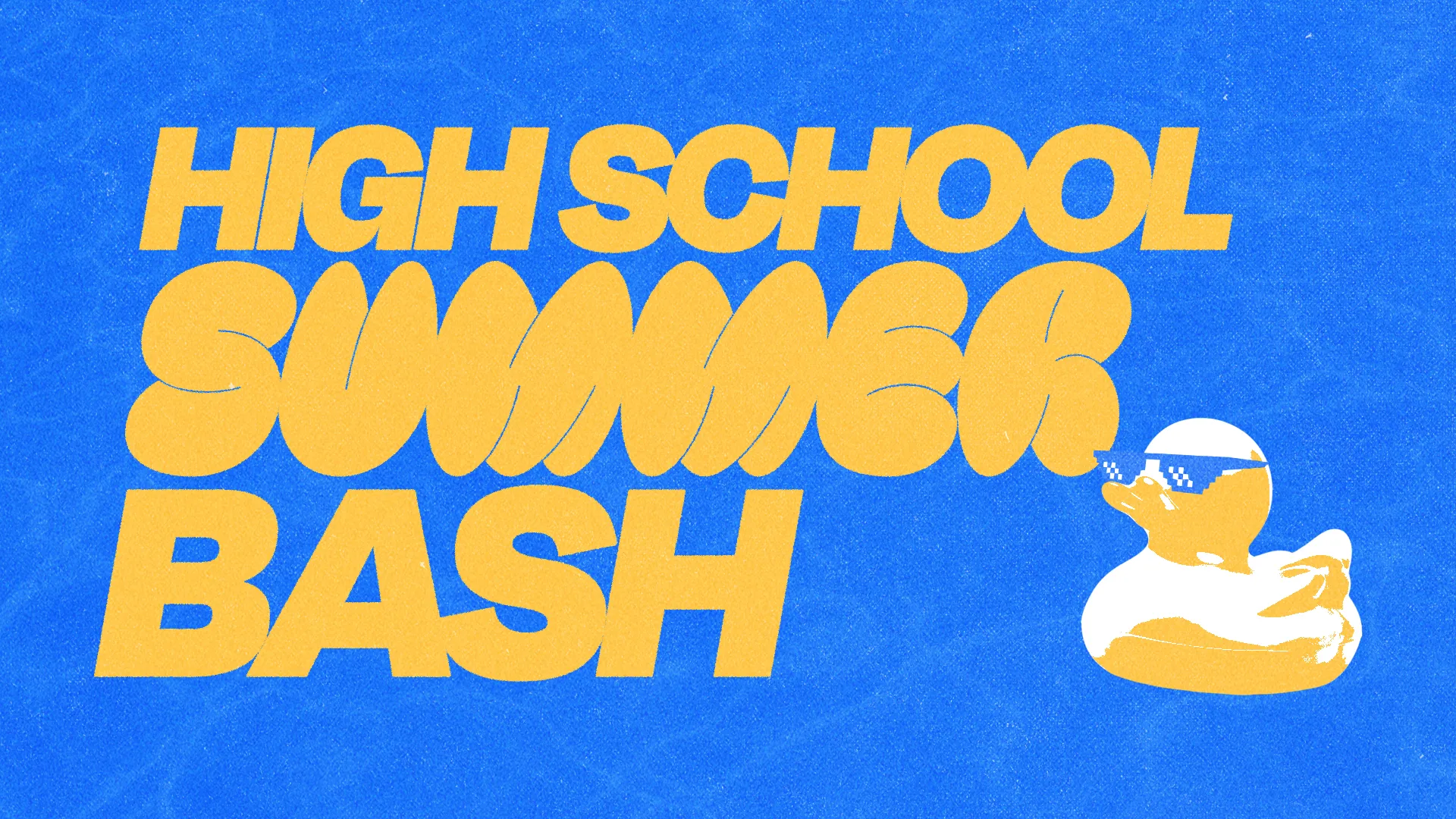 Get high school students excited for an unforgettable event with this vibrant "High School Summer Bash" graphic. Featuring bold yellow text on a blue background and a fun rubber duck with sunglasses, it's perfect for promoting a fun and energetic summer party.