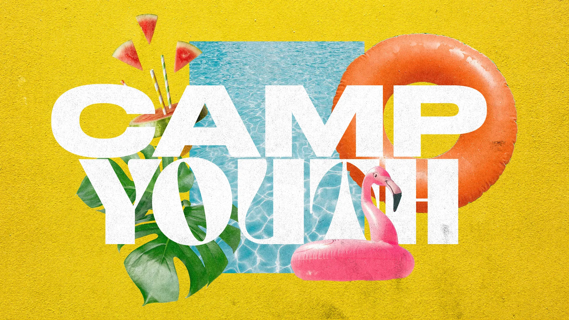 Generate excitement for your church's summer camp with this vibrant "Camp Youth" graphic. Featuring playful summer elements like watermelon, pool floats, and tropical leaves, it's perfect for promoting a fun and engaging youth camp experience.