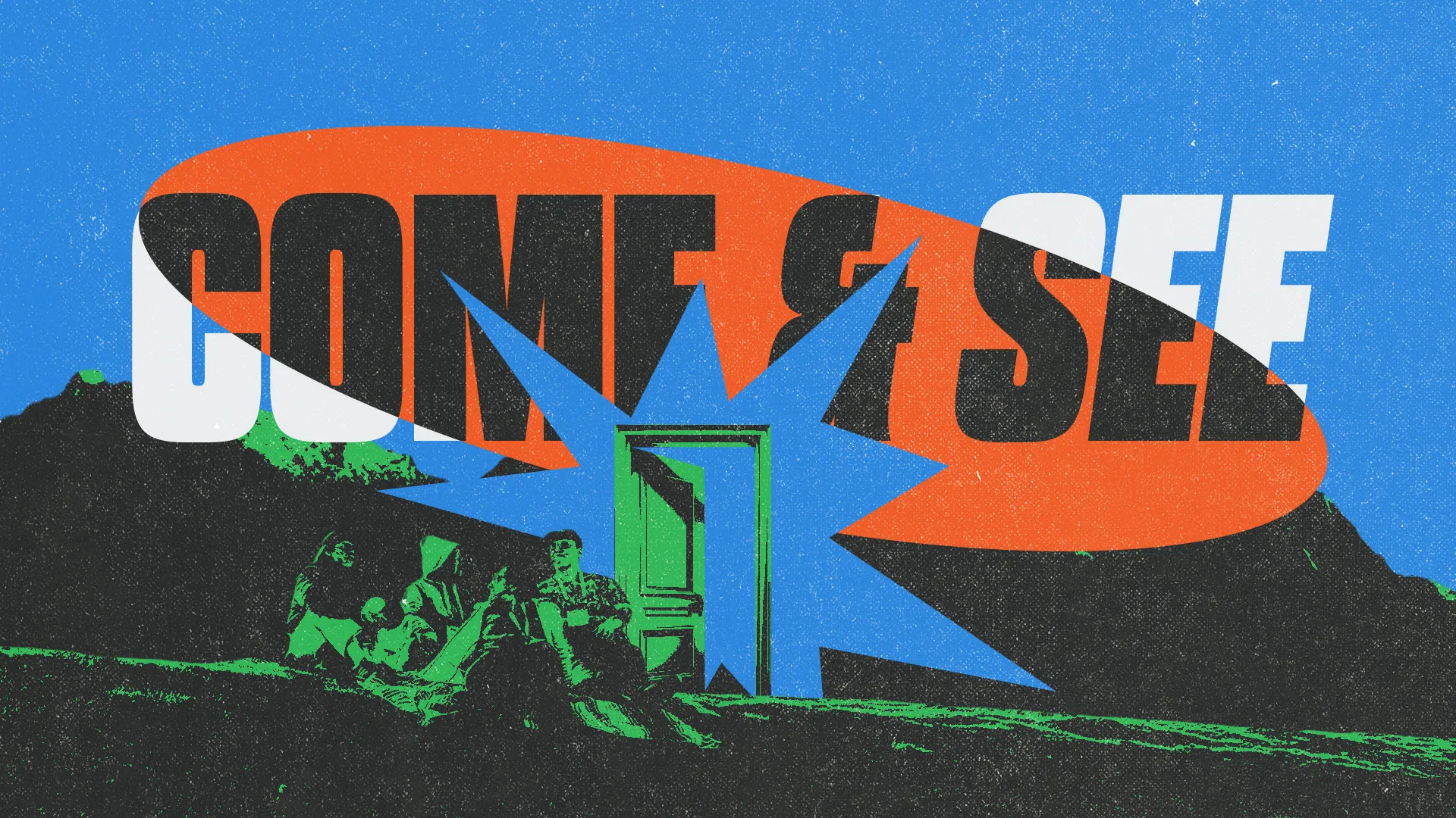 "Bold text invites to 'Come & See,' with a door symbolizing faith and community, set against a vibrant backdrop."