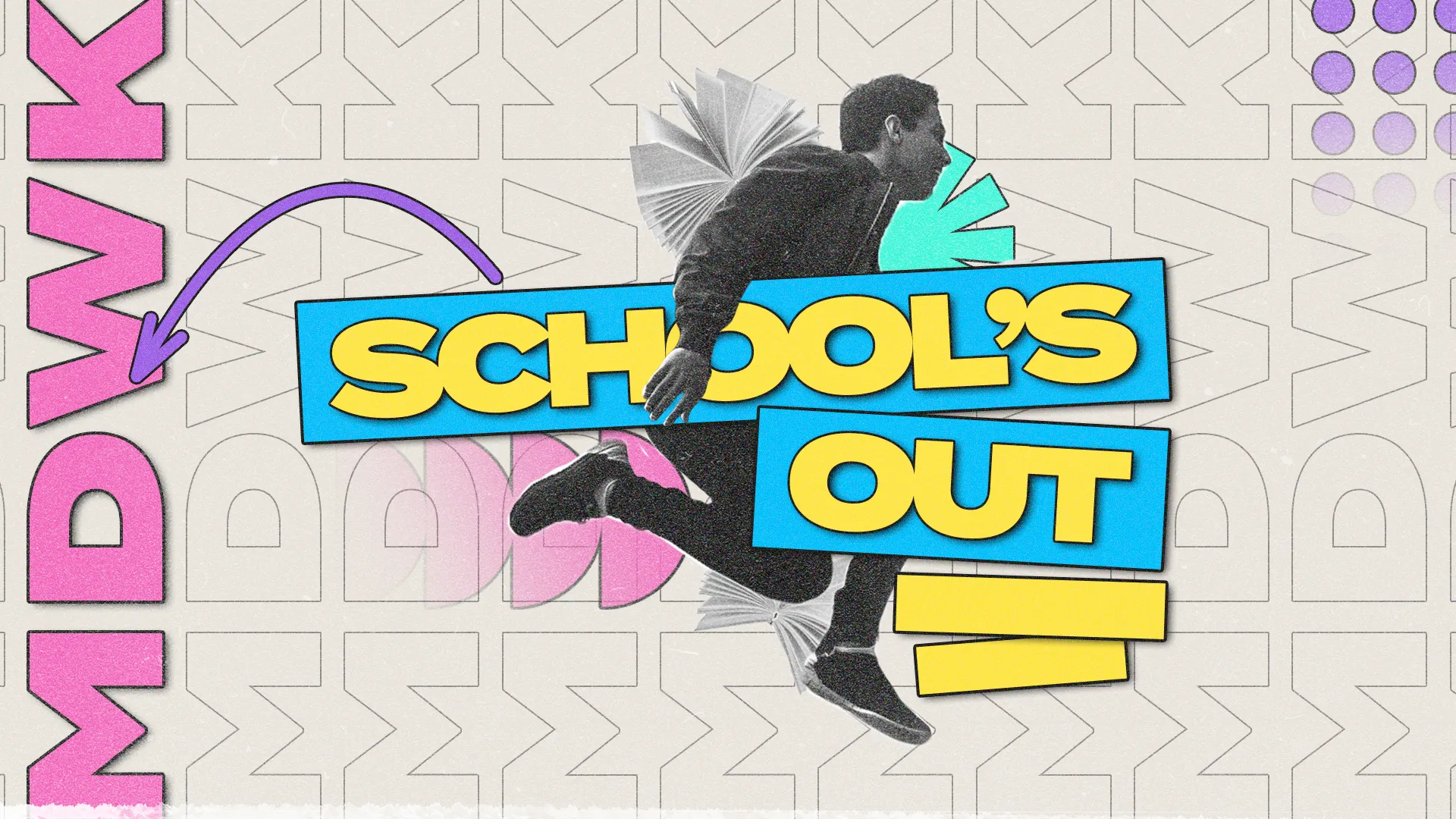 Celebrate the end of the school year with this vibrant "School's Out" graphic. Featuring playful typography and dynamic elements, it's perfect for capturing the excitement of summer break and promoting your church's youth events.