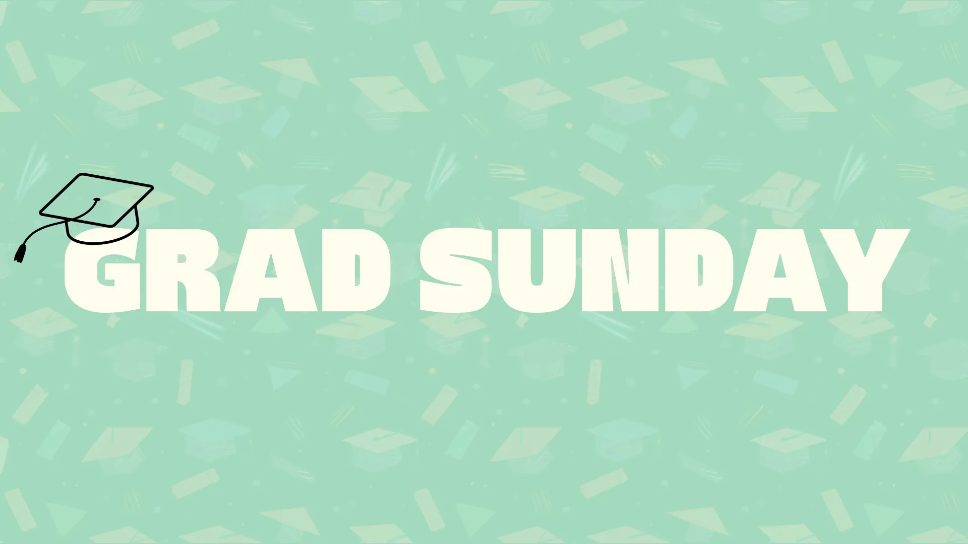 Celebrate your church's graduates with this refreshing "Grad Sunday" graphic. Its clean and simple design, featuring a graduation cap icon and light pastel colors, is perfect for highlighting this important occasion in a serene and elegant manner.