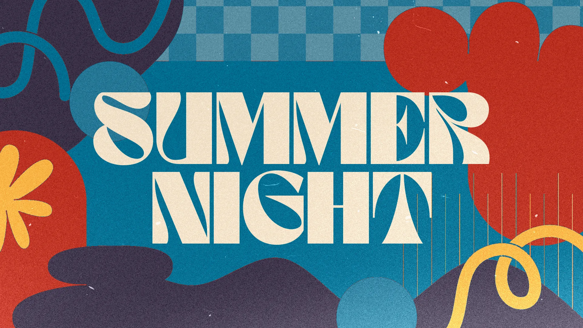 Capture the essence of a vibrant and whimsical evening with this "Summer Night" graphic. Its retro-inspired design, featuring bold shapes and playful typography, is perfect for promoting your church's summer evening events.