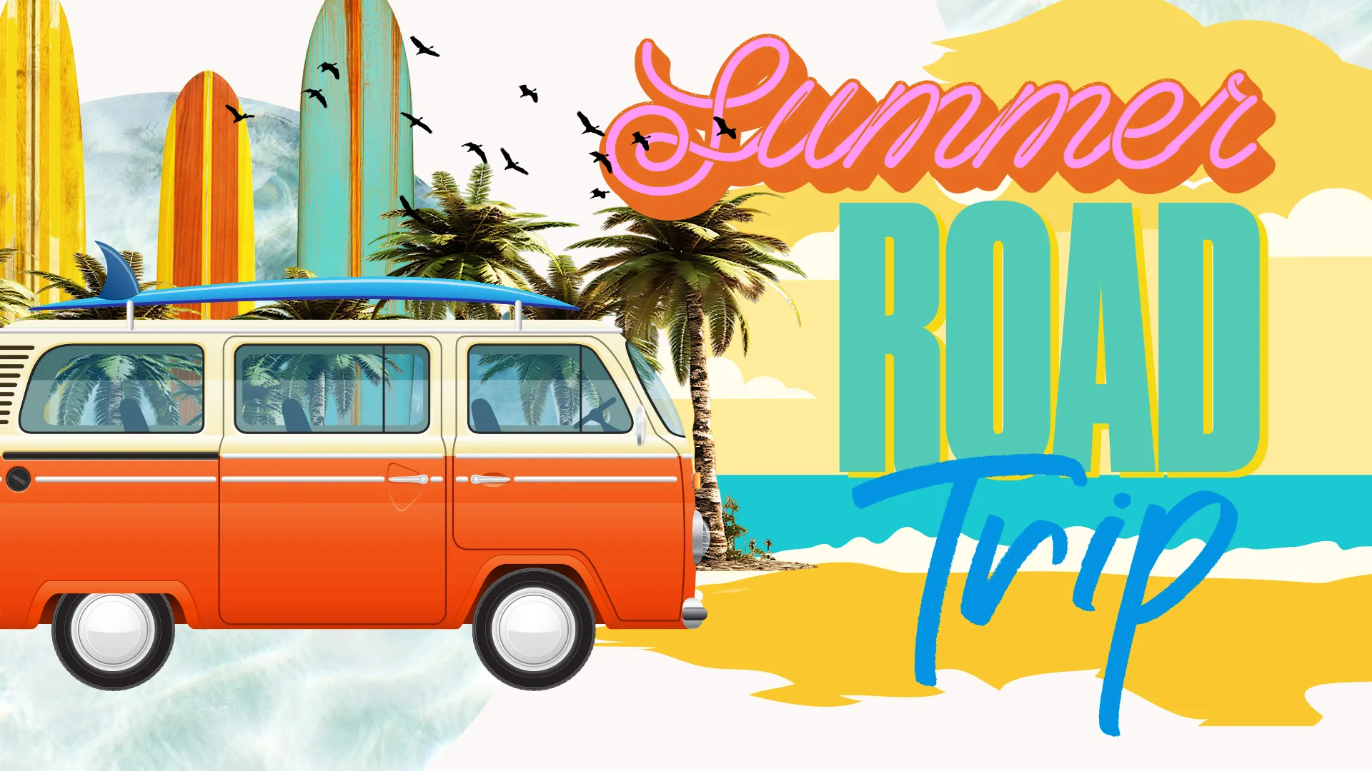 The "Summer Road Trip" church media template is bursting with vibrant energy and a sense of adventure, making it perfect for promoting summer retreats and church outings. The fun and colorful design captures the excitement of travel and exploration.