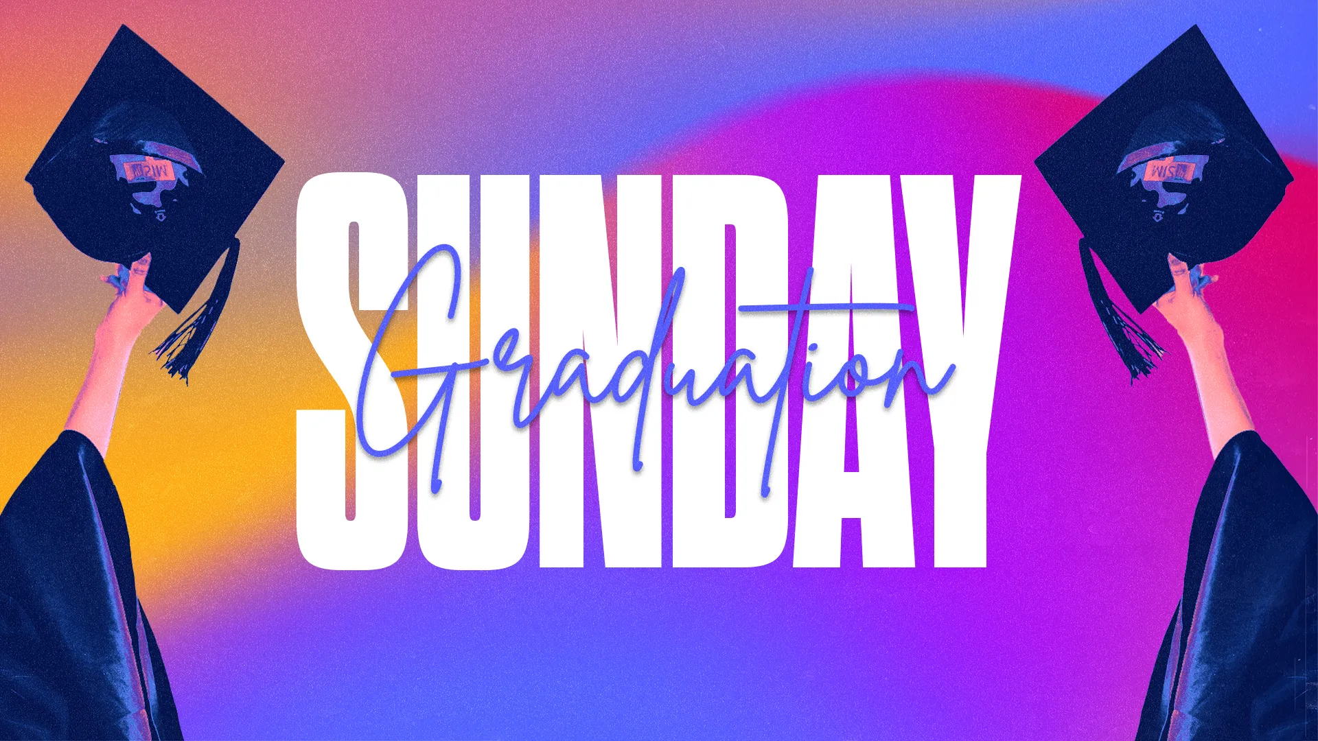 Highlight your church's celebration of academic milestones with this creative "Graduation Sunday" graphic. Featuring vivid colors and dynamic photographic elements, it's perfectly suited to capture attention and honor graduates in your congregation.