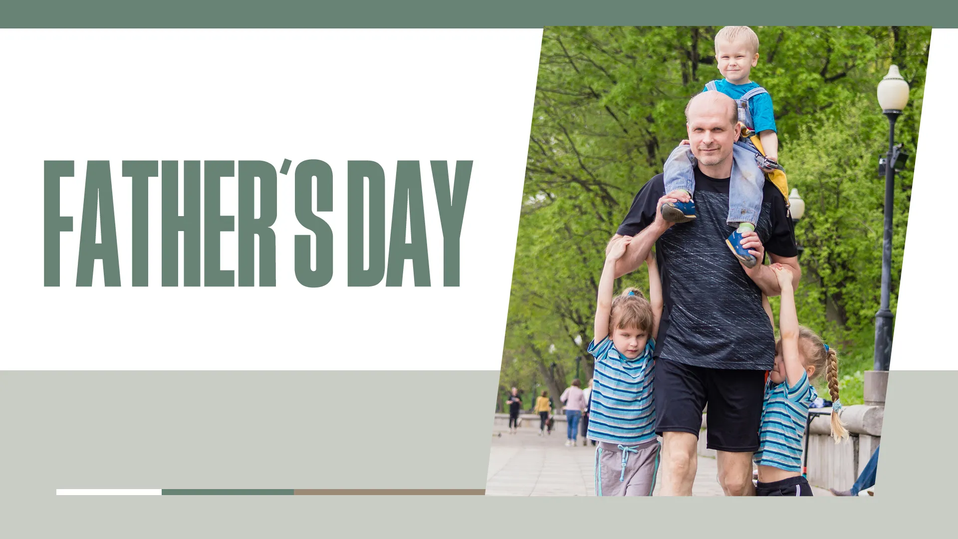Celebrate the joys of fatherhood with this heartwarming graphic depicting a day in the park. Ideal for Father's Day, this image beautifully illustrates the active and caring roles fathers play in the lives of their children.
