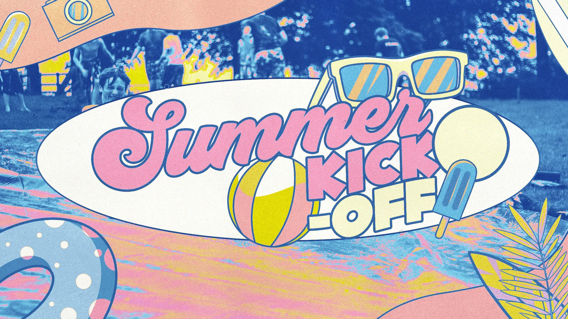 Bright, playful design for a church summer kickoff event, featuring beach balls, sunglasses, and community fun.