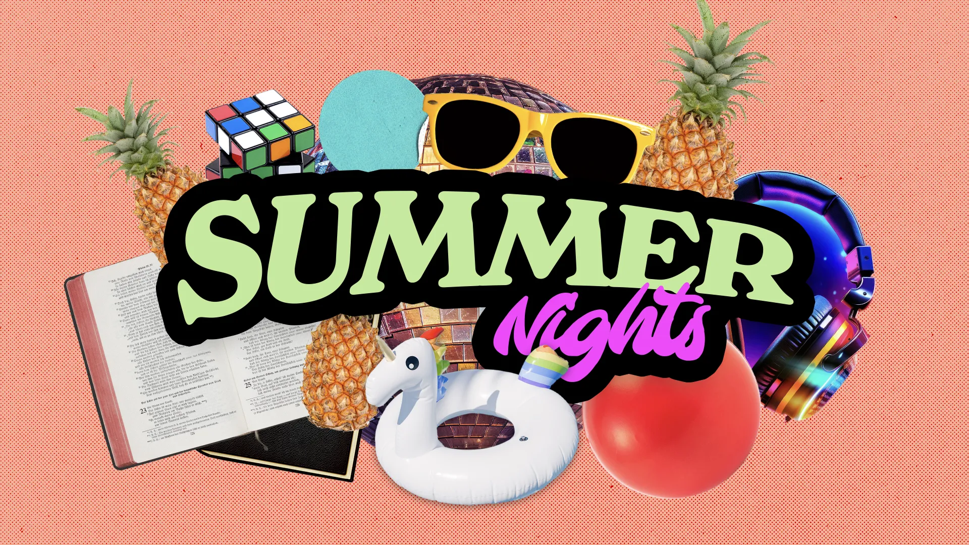 Bring everyone together for memorable evenings with this eclectic and lively graphic for Summer Nights. Its collage of summer symbols makes it an appealing visual for all ages, perfect for church events that celebrate the season.