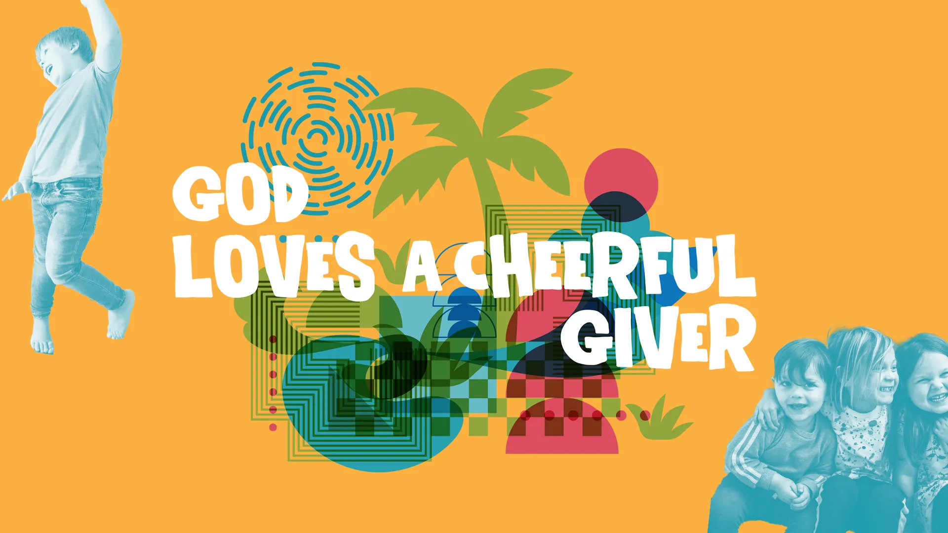 The "God Loves A Cheerful Giver" church media template uses bold colors and dynamic compositions to inspire generosity and joy in giving. The energetic visuals perfectly complement themes of charity and community involvement.