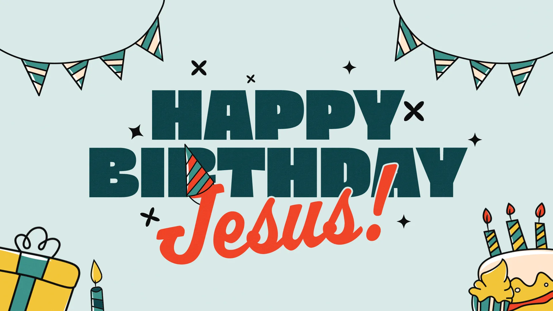 "Festive design celebrating Jesus' birthday with balloons, gifts, and a cake, inviting community joy and worship."