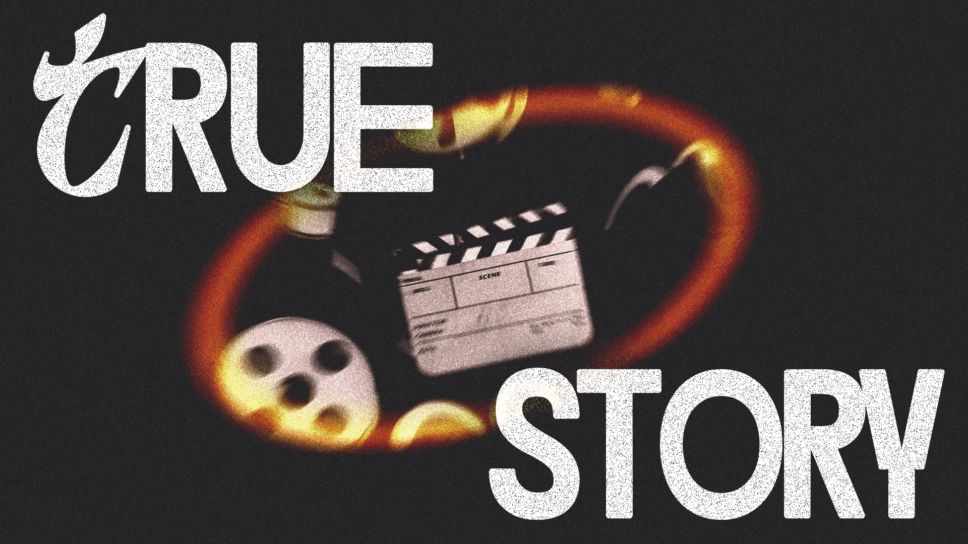"True Story" text overlay with film reel elements, symbolizing faith narratives and community storytelling in worship.