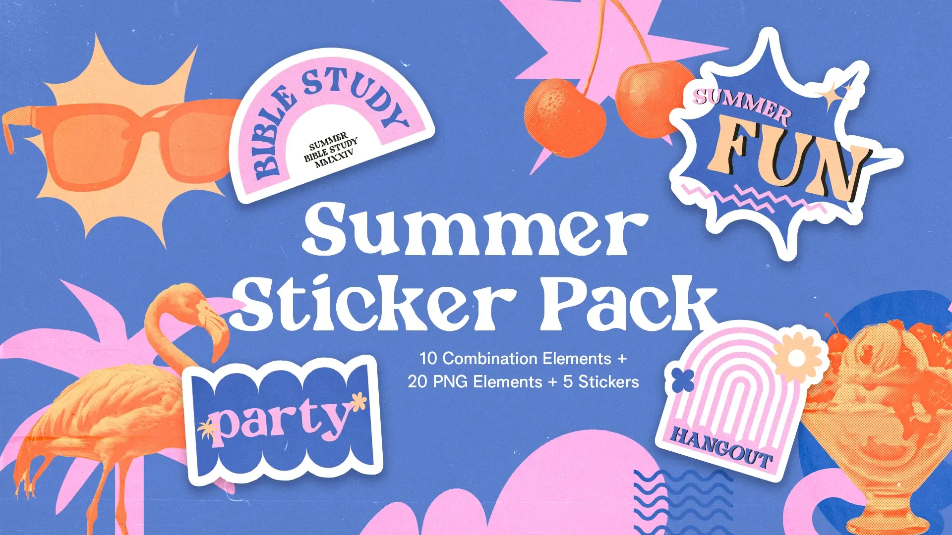 Celebrate the spirit of summer with our "Summer Sticker Pack," a vibrant collection that includes 30 unique elements perfect for enhancing church event announcements or youth group activities.