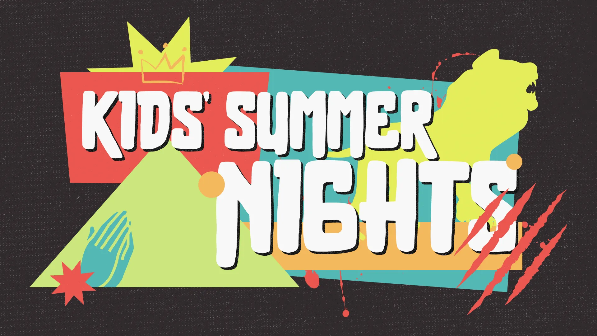 Colorful graphic promoting "Kids' Summer Nights," featuring playful shapes and a hand gesture symbolizing prayer and community.