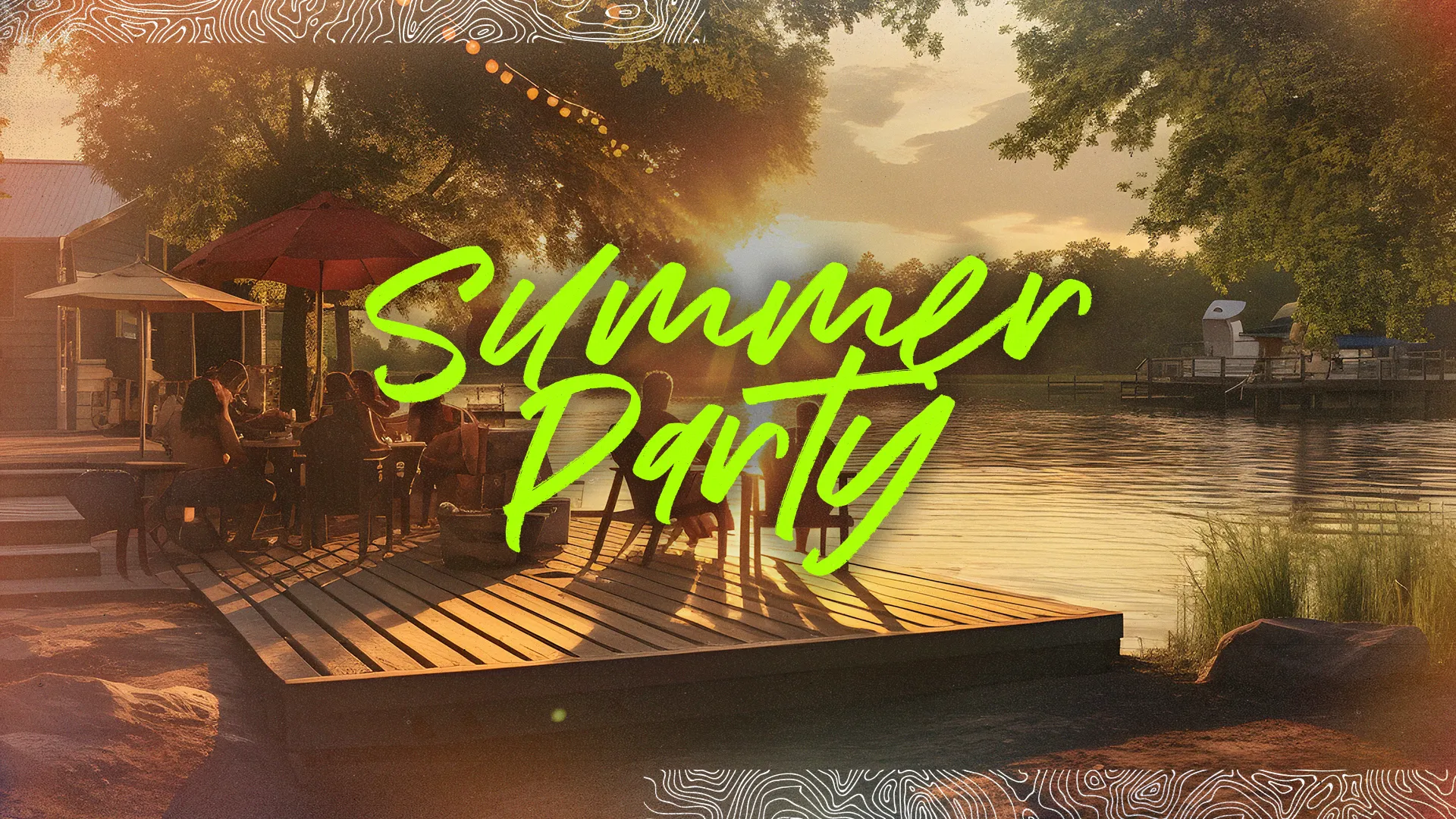 Celebrate the season with this 'Summer Party' graphic, showcasing a warm, inviting scene perfect for church events. It's an excellent choice for church media promoting summertime fellowship and community fun.